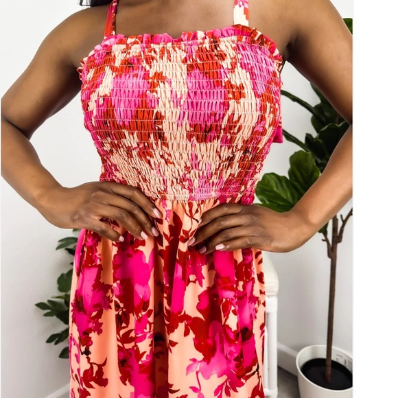 🔥🆕 ANNA-KACI CALIFORNIA Floral Tie-Shoulder Frill Trim Smocked Dress medium - Picture 7 of 13